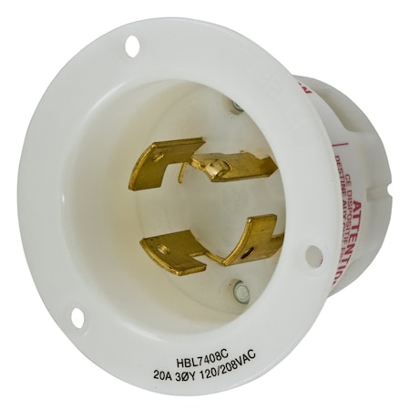 Hubbell Wiring Device-Kellems Flanged Locking Inlet, Non-NEMA, 20 A, 120/208V AC, Three Phase, 4 Pole, Screw Terminals, White HBL7408C